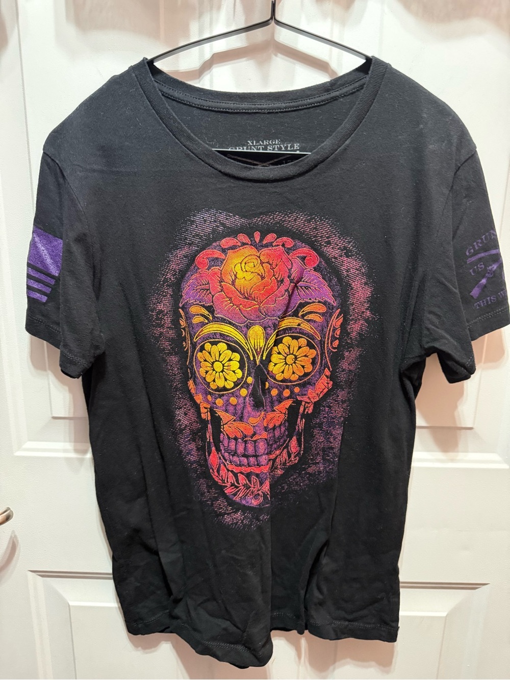 Women’s Black Graphic Sugar Skull T-Shirt with Yellow & Purple Accent XL